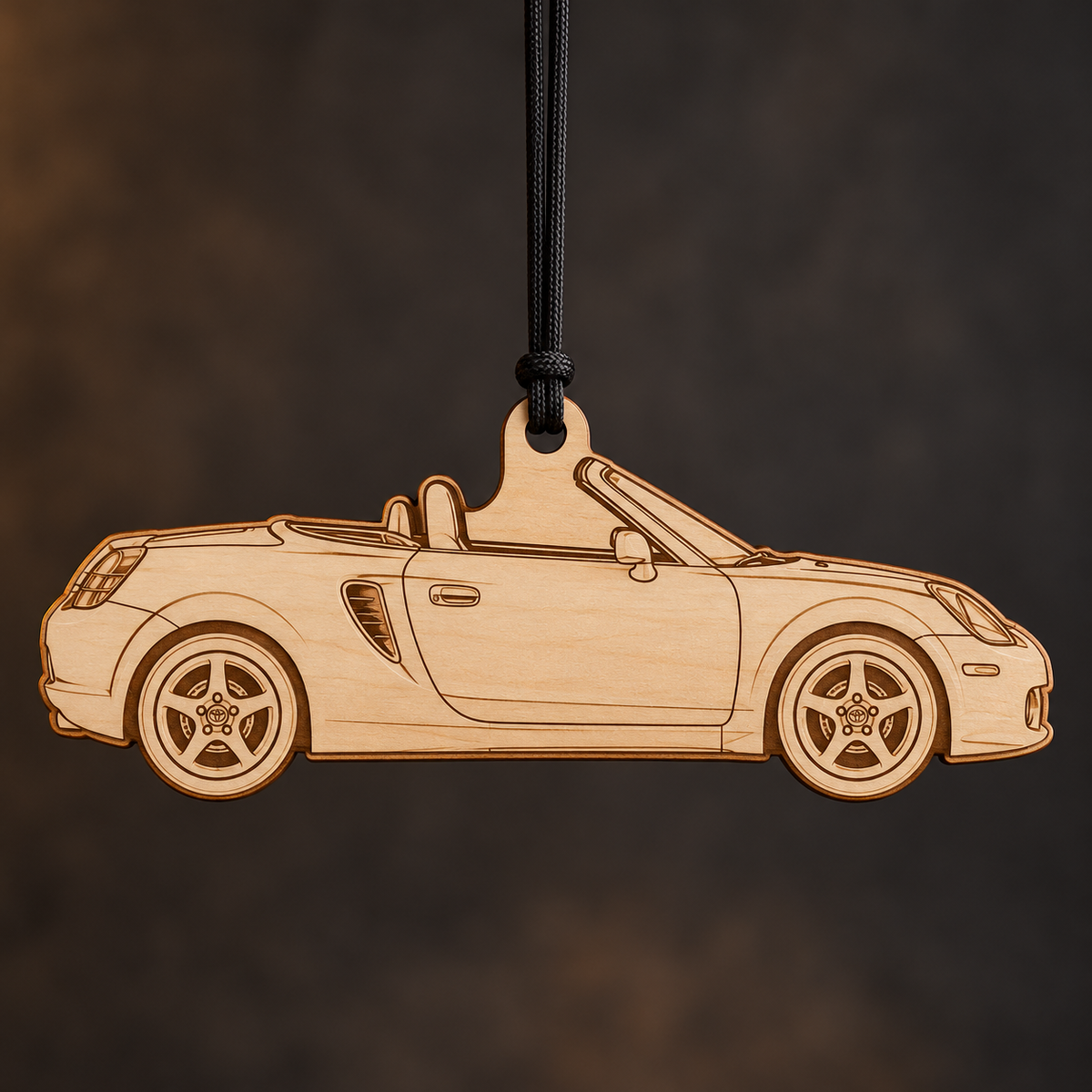 2003–2005 Toyota MR2 Spyder Roadster flat Birch Ply ornament with brown laser-engraved outlines