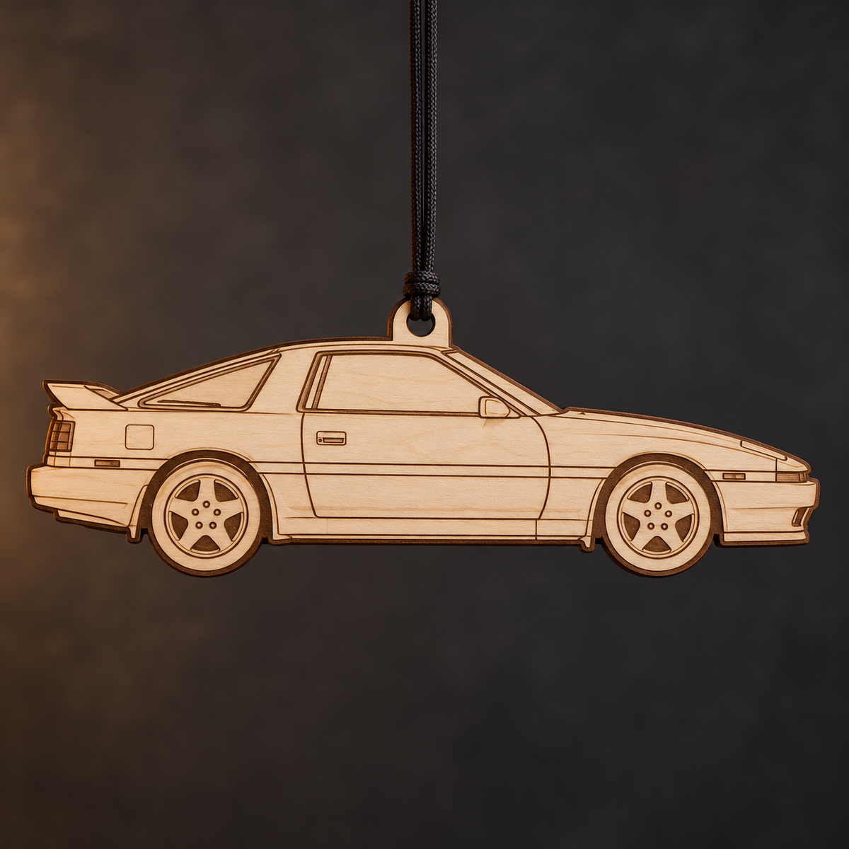 1989–1992 Toyota Supra Turbo Coupe flat Birch Ply ornament with brown laser-engraved outlines