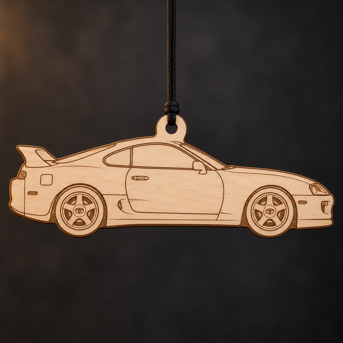 1994 Toyota Supra Coupe flat Birch Ply ornament with brown laser-engraved outlines