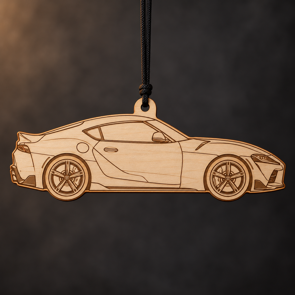 2020 Toyota Supra Coupe flat Birch Ply ornament with brown laser-engraved outlines
