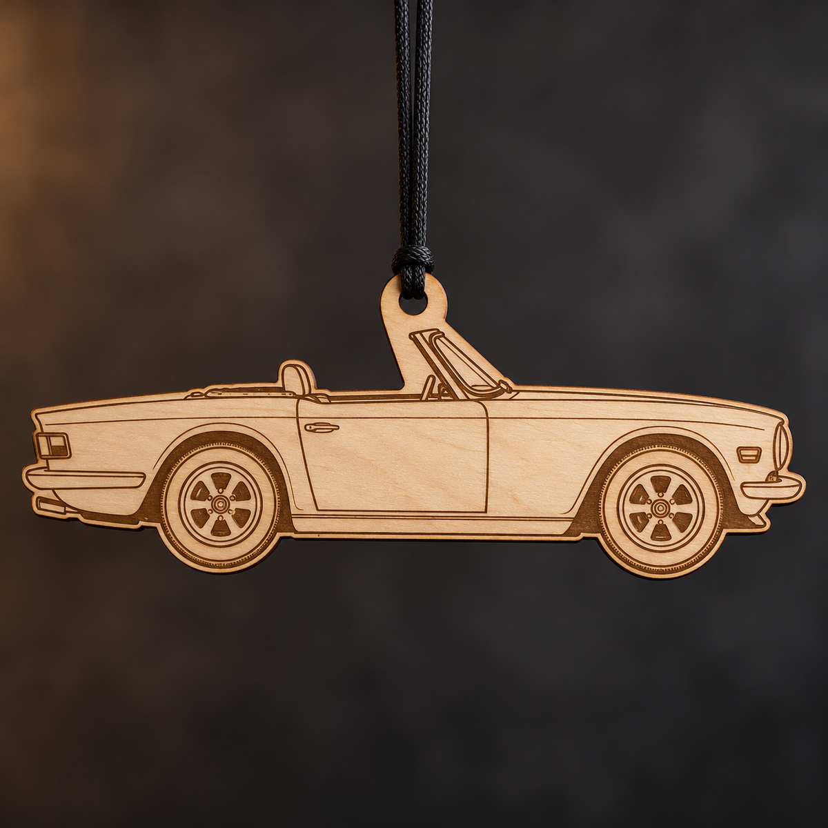 1974 Triumph TR6 Roadster flat Birch Ply ornament with brown laser-engraved outlines