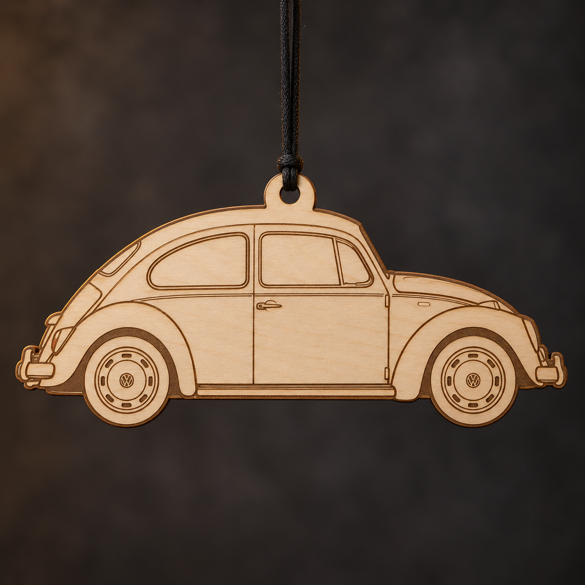 1967 Volkswagen Beetle Coupe flat Birch Ply ornament with brown laser-engraved outlines