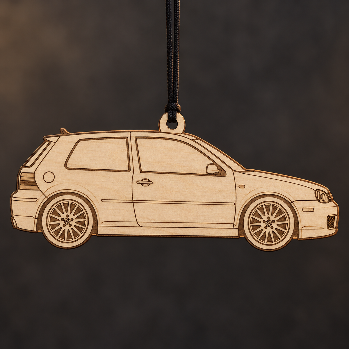 2004 Volkswagen Golf R32 Hatchback flat Birch Ply ornament with brown laser-engraved outlines