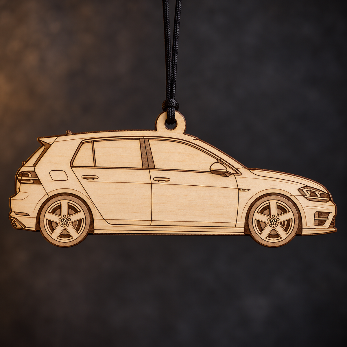 2015–2017 Volkswagen Golf R Hatchback flat Birch Ply ornament with brown laser-engraved outlines