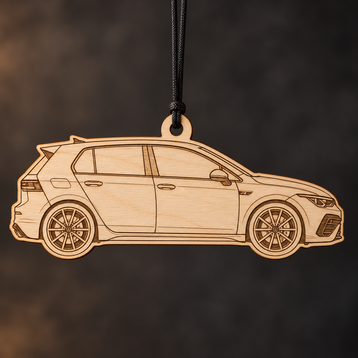2022–2023 Volkswagen Golf R Hatchback flat Birch Ply ornament with brown laser-engraved outlines
