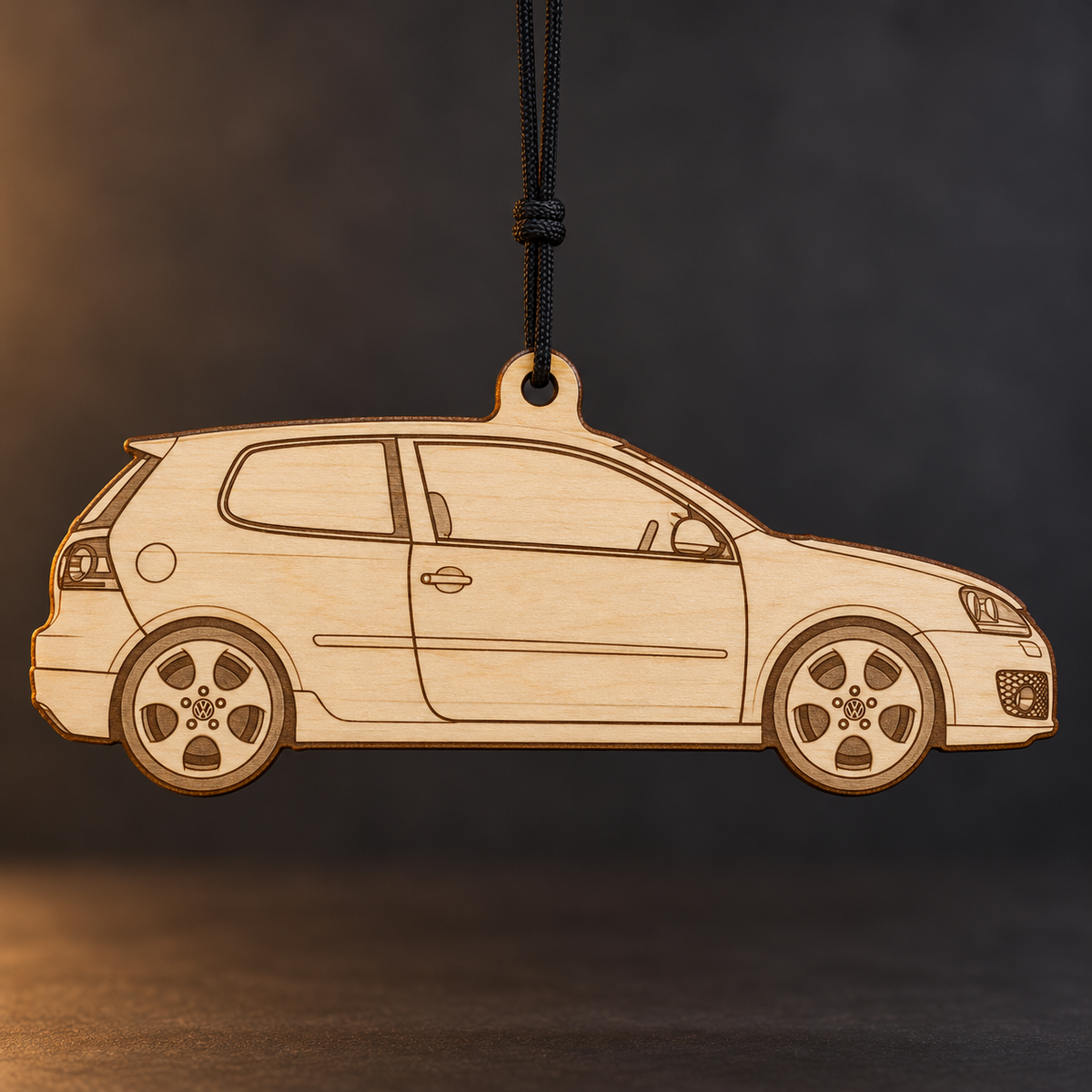 2008 Volkswagen GTI Hatchback flat Birch Ply ornament with brown laser-engraved outlines