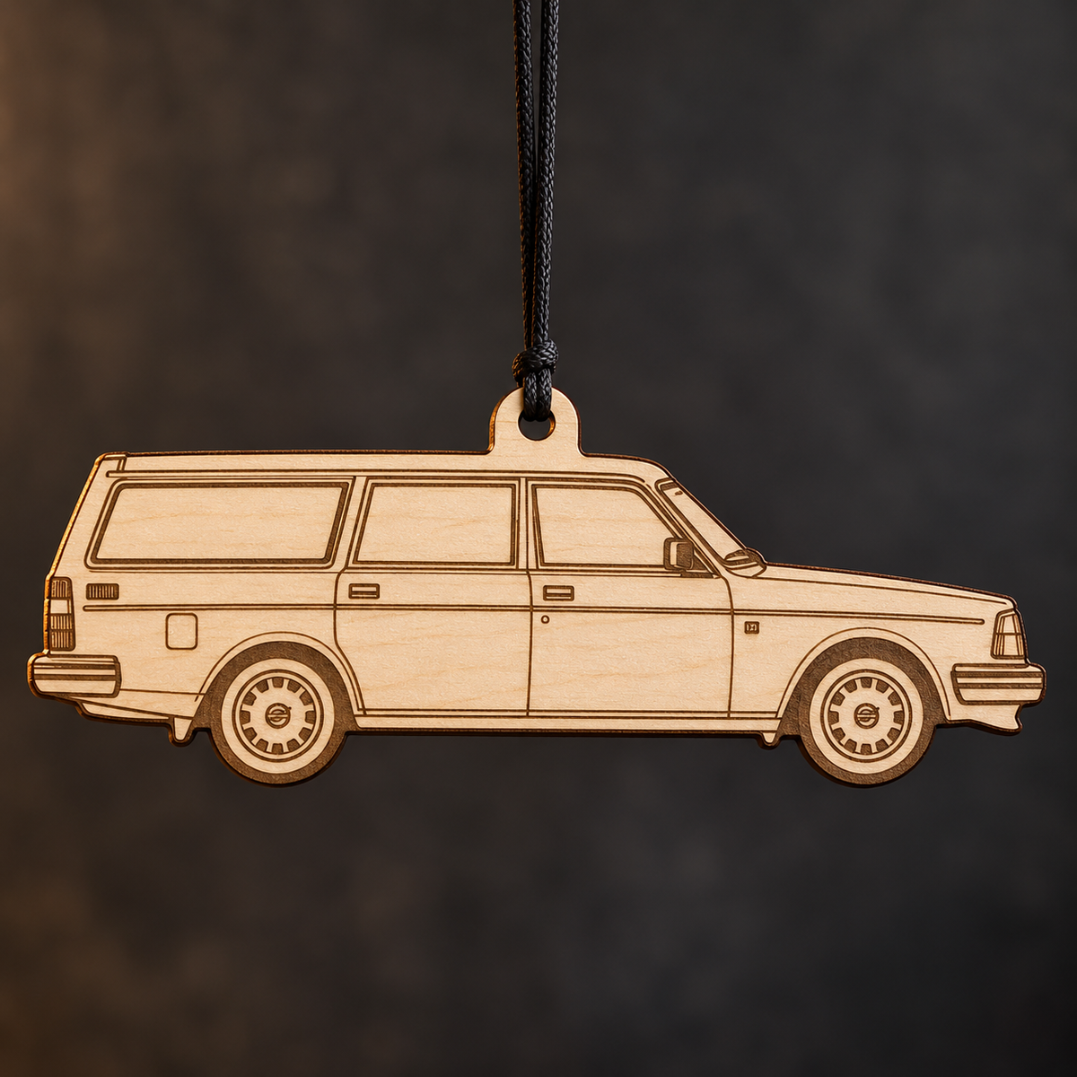 1990 Volvo 240 Wagon flat Birch Ply ornament with brown laser-engraved outlines