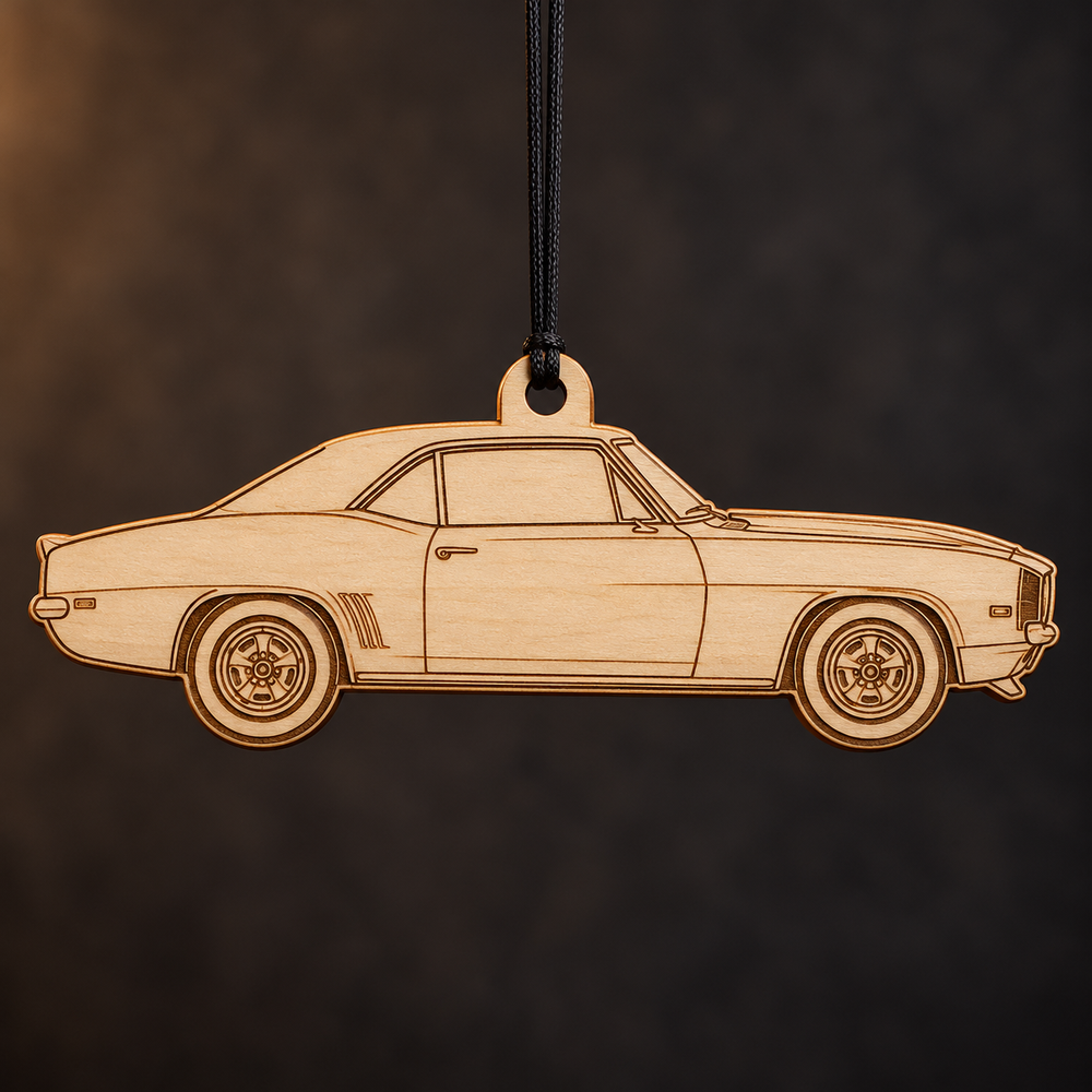 1969 Chevrolet Camaro Coupe flat single-piece Birch Ply ornament with conservative brown laser-engraved outlines