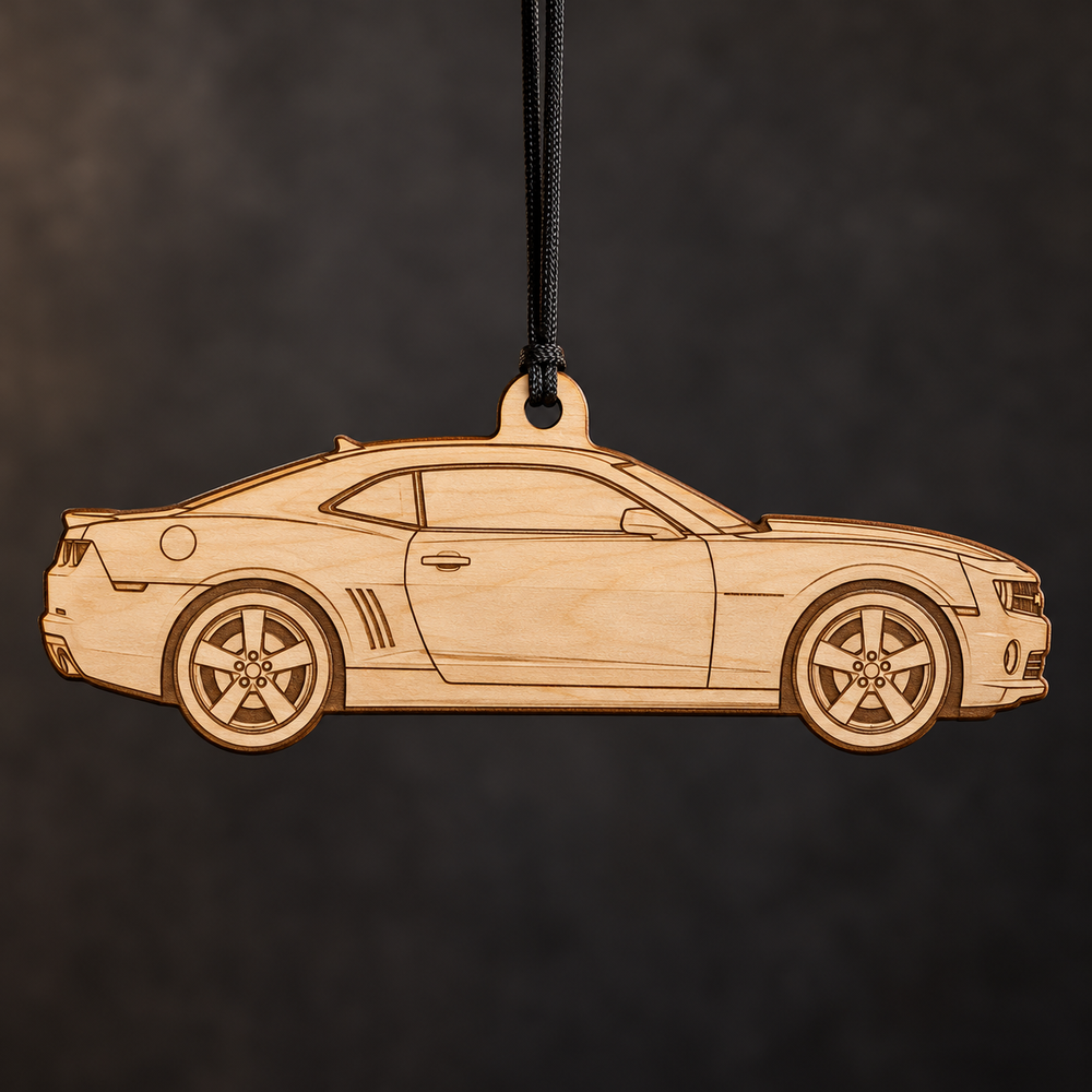 2010 Chevrolet Camaro Coupe flat single-piece Birch Ply ornament with conservative brown laser-engraved outlines