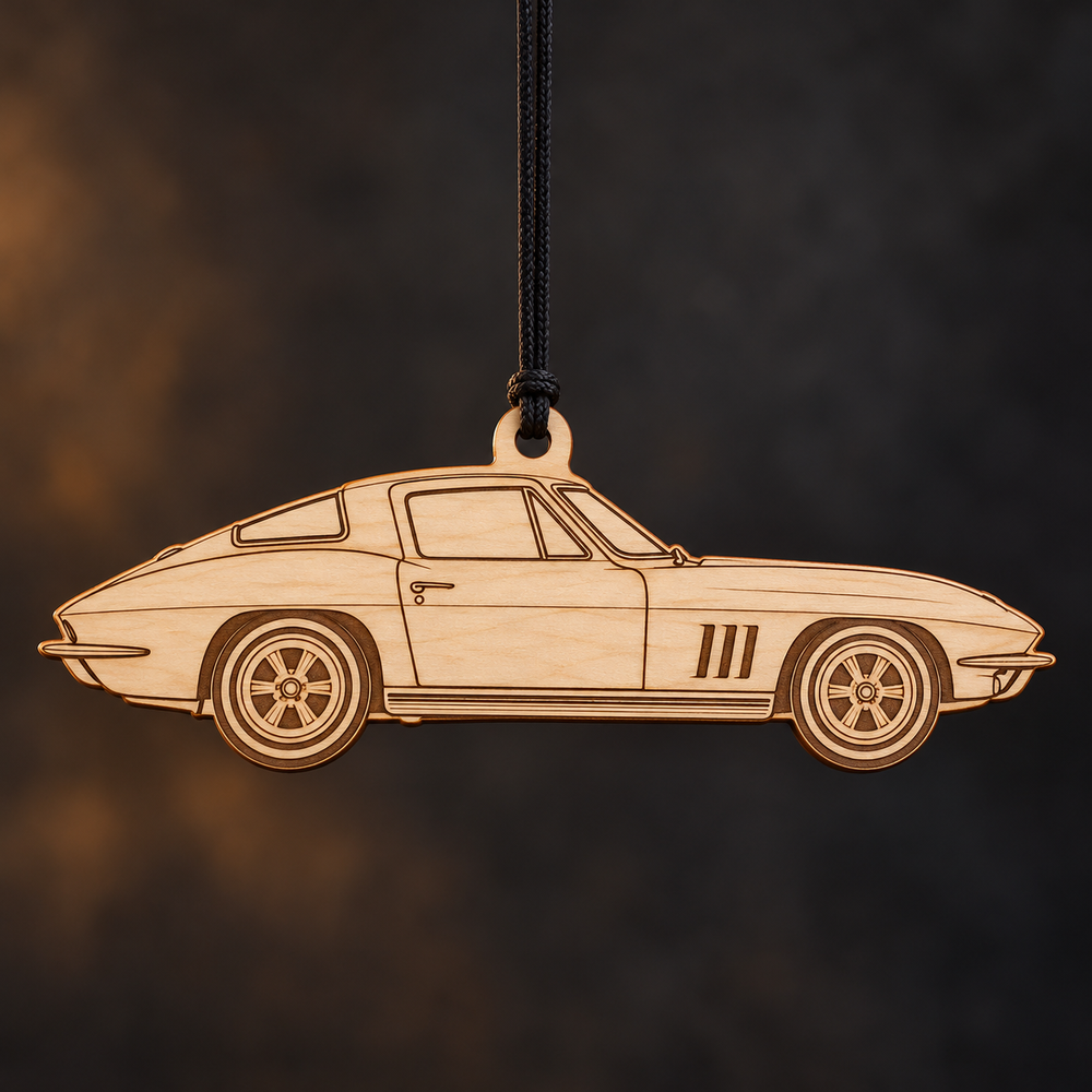 1967 Chevrolet Corvette Coupe flat single-piece Birch Ply ornament with conservative brown laser-engraved outlines