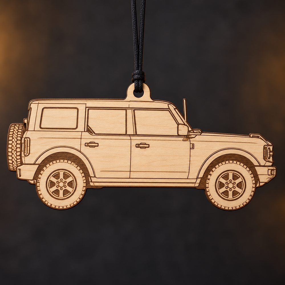2022 Ford Bronco SUV flat single-piece Birch Ply ornament with conservative brown laser-engraved outlines
